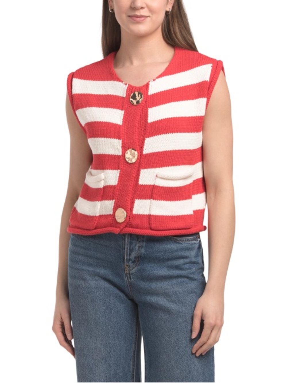 House of Harlow 1960 Red & White Striped Knit Button Vest Size M